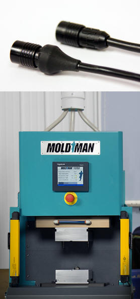 Overmolded cable and injection molding machine